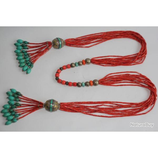 Collier ethnique Turquoise Corail Tibet Himalaya Bijoux