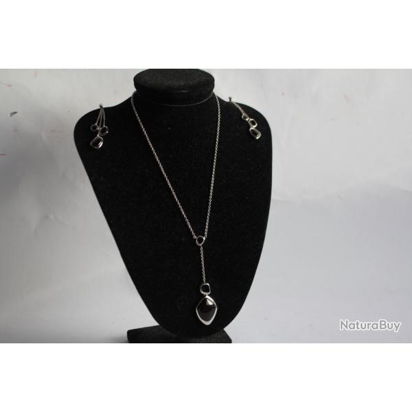 FOSSIL Parure collier + boucles d'oreilles Black & Silver bijoux femme