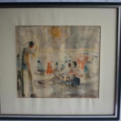 Tableau Pastel CLÉMENT 1976 Bord de mer Plage