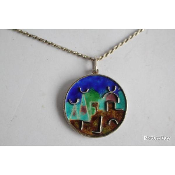 Collier + Pendentif design argent et �maux Isra�l bijoux