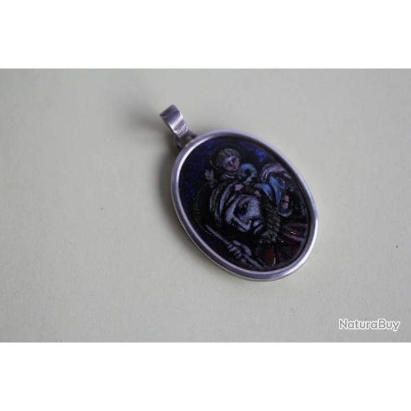 M�daille religieuse argent �maux Saint Christophe
