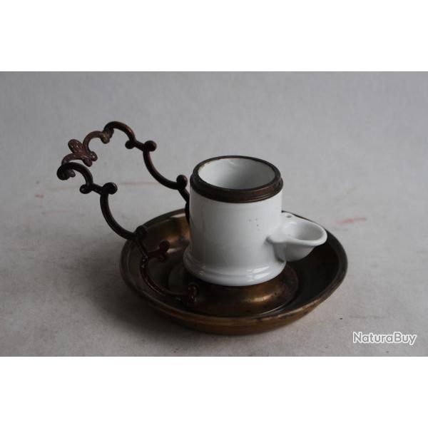 Ancien encrier � pompe en porcelaine et laiton porte-plume