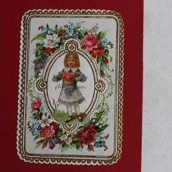 Chromo gaufré fleurs XIXe siècle Fillette fleurs