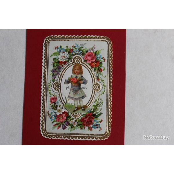 Chromo gaufr� fleurs XIXe si�cle Fillette fleurs