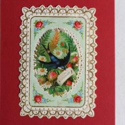 Chromo gaufré découpé fleurs hirondelle XIXe siècle