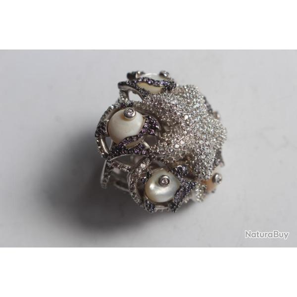 Bague d'artiste argent 925 poin�on italien cristaux et am�thystes bijoux