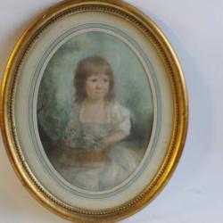 Tableau pastel petite fille au panier de fleurs XIXe siècle