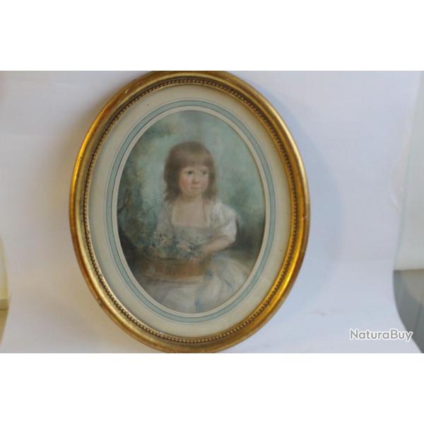 Tableau pastel petite fille au panier de fleurs XIXe si�cle