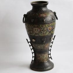 Vase bronze &eacute;maux cloisonn&eacute;s cabochons Indochine