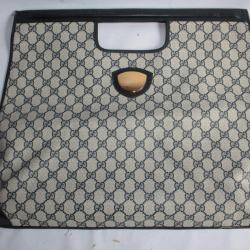 GUCCI Sac &agrave; main cuir et toile monogramme bleu marine Tote bag