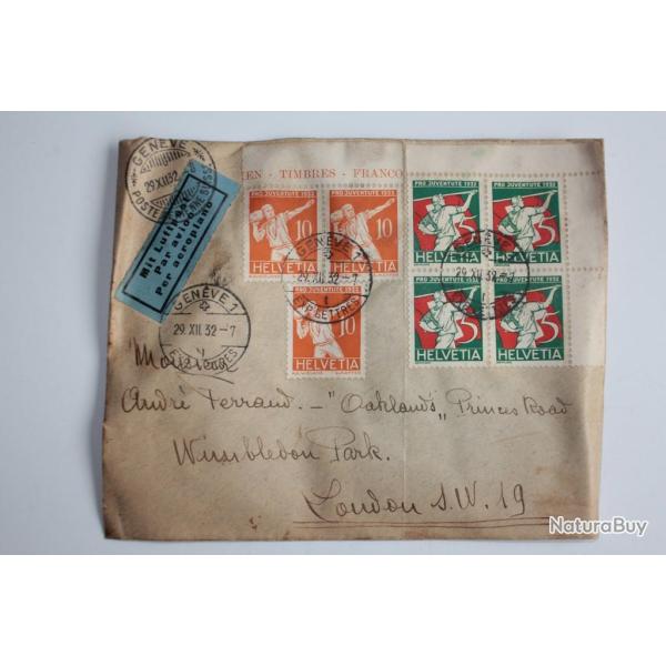 Enveloppe par avion Timbres Suisse pro juventute 1932