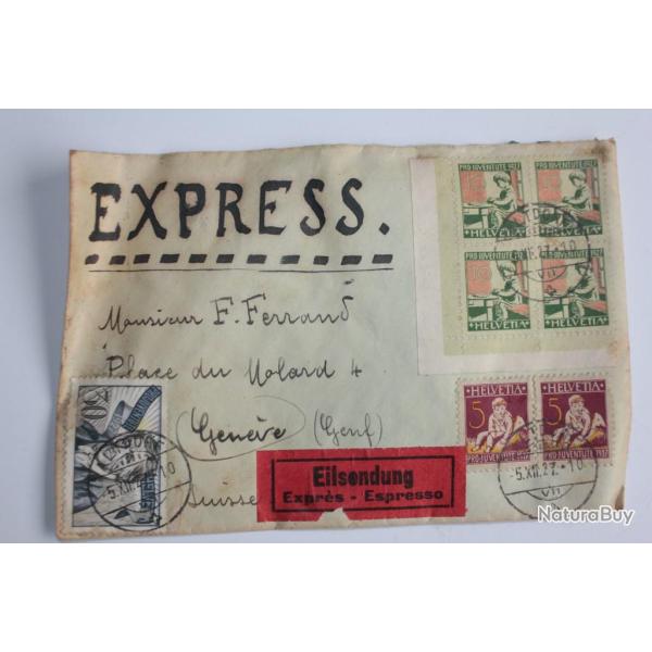 Enveloppe Express Timbres Suisse pro juventute 1927