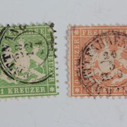 Timbres Allemagne Wurtemberg 1k et 9k obl 1863