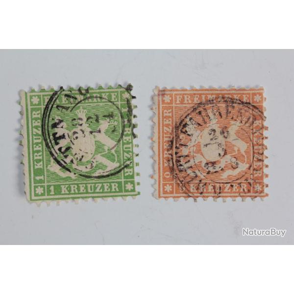 Timbres Allemagne Wurtemberg 1k et 9k obl 1863