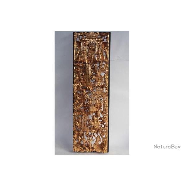 Panneau bois sculpt� et dor� Chine XIXe si�cle