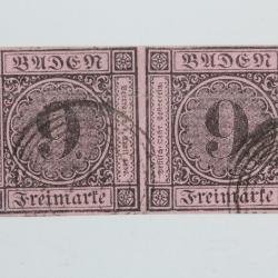 Timbres Allemagne Bade Grand duch&eacute; paire 9k noir sur couleur 1851