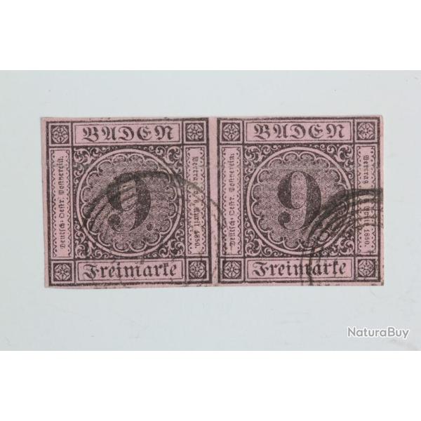Timbres Allemagne Bade Grand duch� paire 9k noir sur couleur 1851
