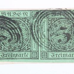Timbres Allemagne Bade Grand duch&eacute; paire 3k  noir sur couleur 1853