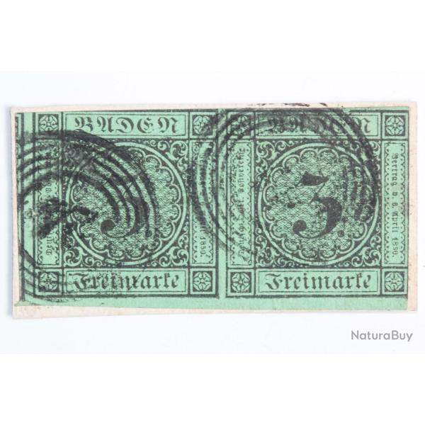 Timbres Allemagne Bade Grand duch� paire 3k  noir sur couleur 1853