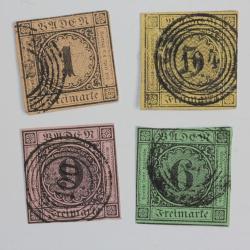 Timbres Allemagne Bade Grand duch&eacute; s&eacute;rie noir sur couleur 1851