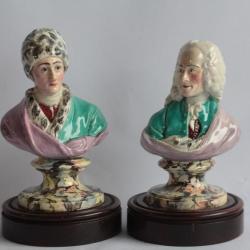 Bustes faïence Voltaire et Rousseau XVIIIe siècle