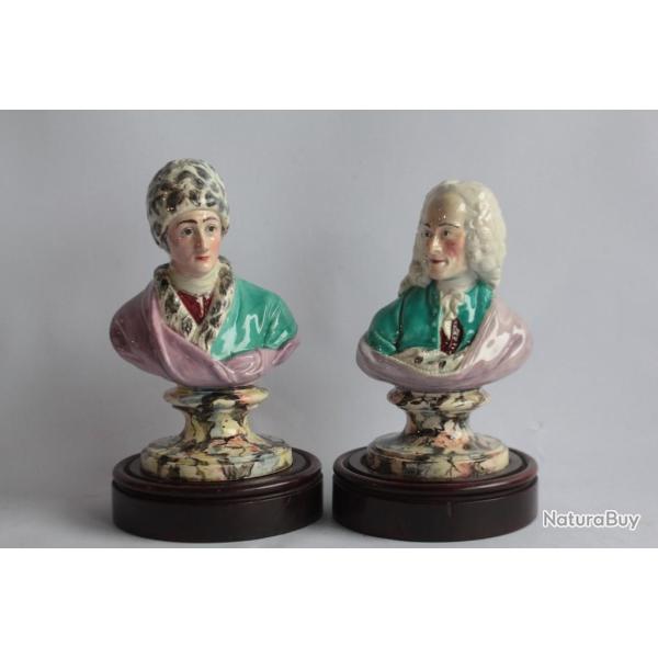 Bustes fa�ence Voltaire et Rousseau XVIIIe si�cle