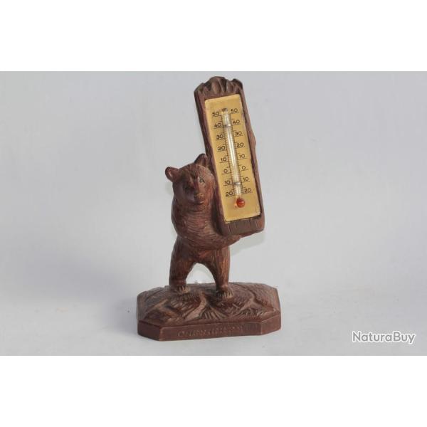 Thermom�tre Ours bois sculpt� Chesi�res Art populaire Suisse Brienz