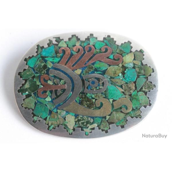 Broche Pendentif argent cuivre laiton Azurite Malachite Mexico