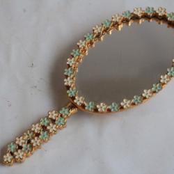 Miroir Face à main Fleurs métal doré émaillé