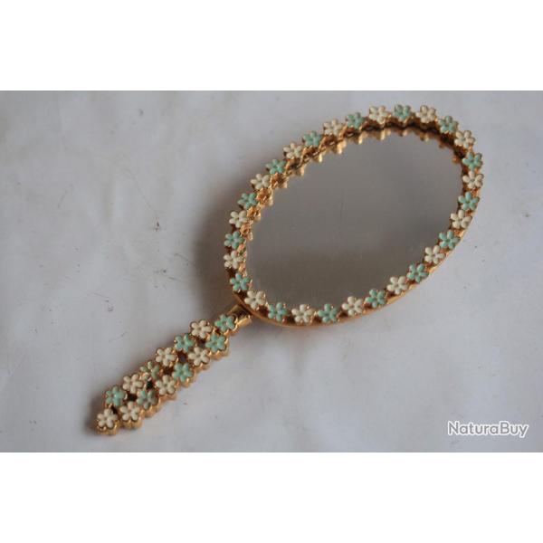 Miroir Face � main Fleurs m�tal dor� �maill�