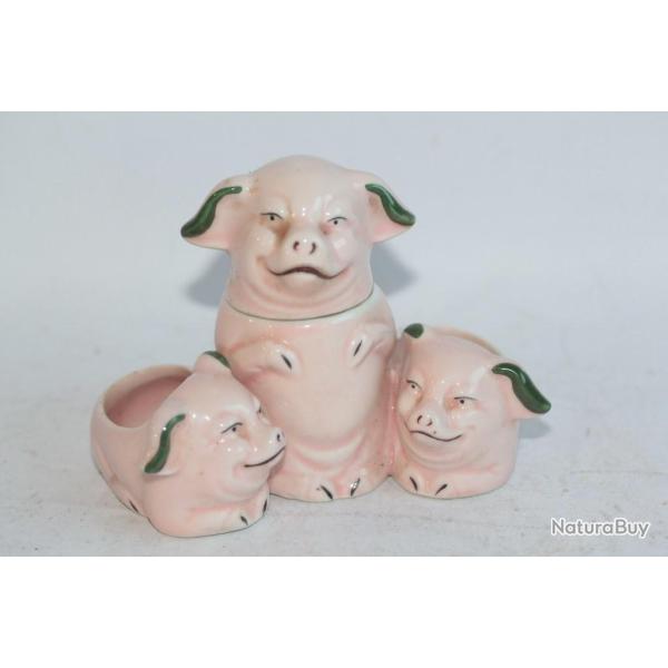 Service � condiments Cochons porcelaine moutardier