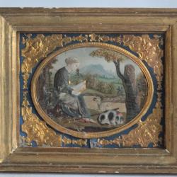 Tableau m&eacute;tal repouss&eacute; peint Berg&egrave;re Chien Moutons