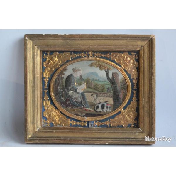 Tableau m�tal repouss� peint Berg�re Chien Moutons