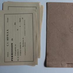 Lot de feuilles de permission du 403e et 405e r&eacute;giment du R.A.A