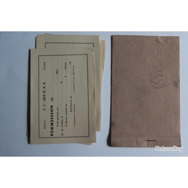 Lot de feuilles de permission du 403e et 405e r�giment du R.A.A