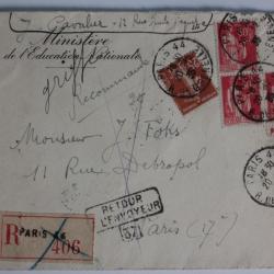 Enveloppe France ministère éducation nationale griffe recommandé 1935