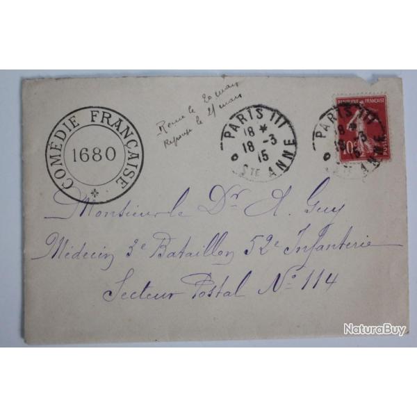 Enveloppe com�die fran�aise 1680 Paris 1915