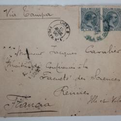 Enveloppe Timbre isla de cuba oblitéré Ligne B Paq FR n°1 1896