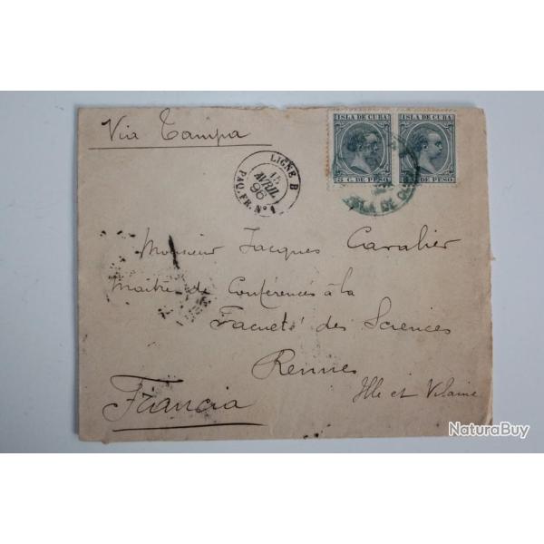 Enveloppe Timbre isla de cuba oblit�r� Ligne B Paq FR n�1 1896