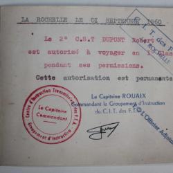 Carte de permission Centre d'instruction Transmission La Rochelle 1960