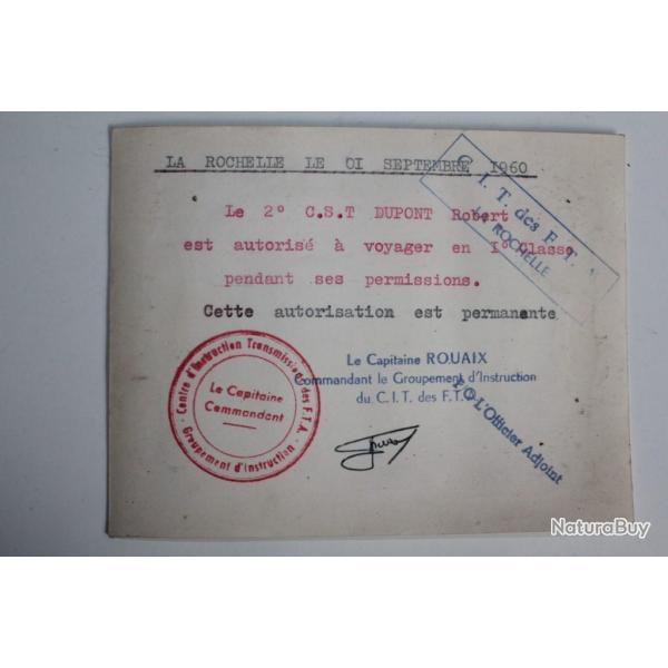 Carte de permission Centre d'instruction Transmission La Rochelle 1960