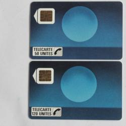 T&eacute;l&eacute;cartes &agrave; puce France Soleil bleu 50U et 120U SO2 1988