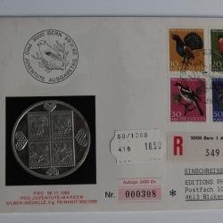 Enveloppe FDC Suisse Pro Juventute avec m&eacute;daille en argent 1968 neuf