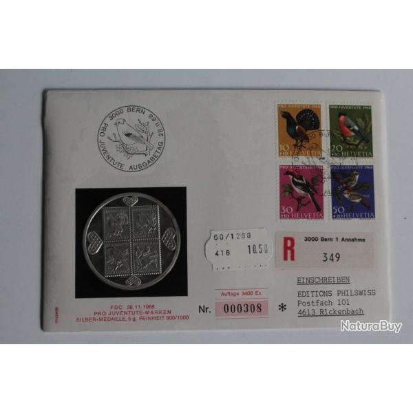 Enveloppe FDC Suisse Pro Juventute avec m�daille en argent 1968 neuf