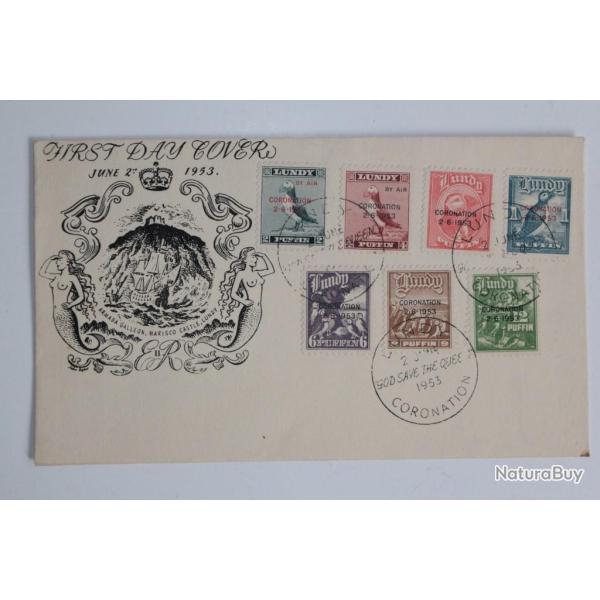 Enveloppe FDC Lundy surcharge coronation 1953