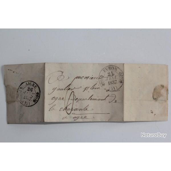 Pli marque postale France oblit�ration grand cachet double fleuron 1837