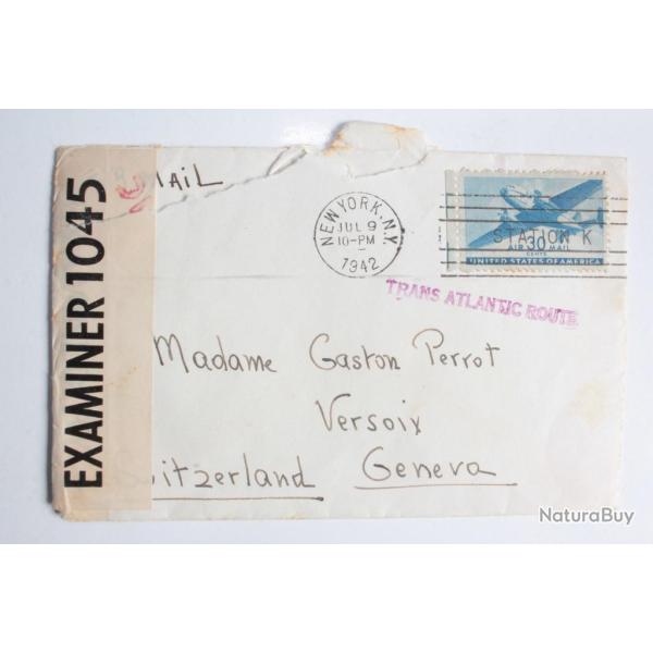 Enveloppe USA censur� oblit�ration trans Atlantic Route 1942