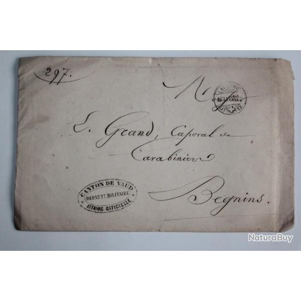 Enveloppe lettre Suisse canton de Vaud cachet d�partement militaire 1870