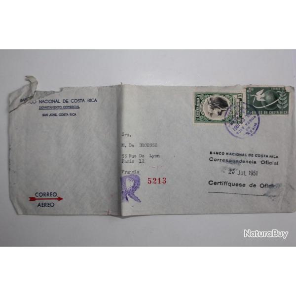 Enveloppe air mail Bank Costa Rica Washington recommand�e 1951