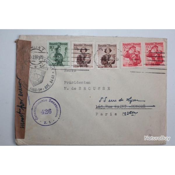 Enveloppe Autriche censor chambre syndicale Paris 1950